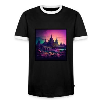 Skyline of Dresden in the evening light Vaporwave optics - Men's Ringer Shirt - black/white - Front - AI Model Female 172 light (172cm) & AI Model Male 178 light (178cm)