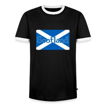 Scotland Flag with text on top - Men's Ringer Shirt - black/white - Front - AI Model Female 172 light (172cm) & AI Model Male 178 light (178cm)