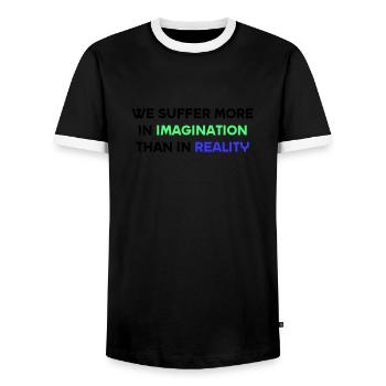 We suffer more in imagination than in reality - Men's Ringer Shirt - black/white - Front - AI Model Female 172 light (172cm) & AI Model Male 178 light (178cm)