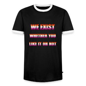 We Exist - Lesbian Flag - Men's Ringer Shirt - black/white - Front - AI Model Female 172 light (172cm) & AI Model Male 178 light (178cm)