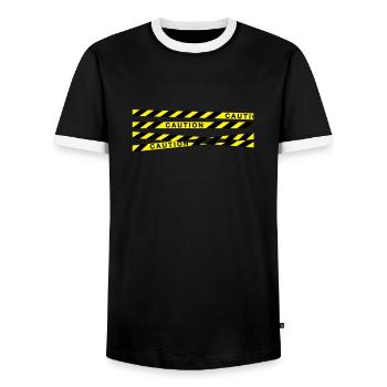 caution_f2 - Men's Ringer Shirt - black/white - Front - AI Model Female 172 light (172cm) & AI Model Male 178 light (178cm)