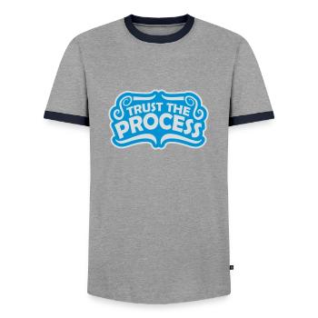 trust the process Quote - Men's Ringer Shirt - grey/navy  - Front - AI Model Female 172 light (172cm) & AI Model Male 178 light (178cm)