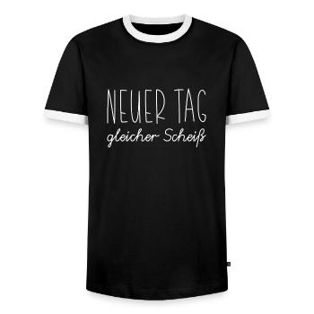 Neuer Tag gleicher scheiß | Lustige Spruch Arbeit - Männer Kontrast-T-Shirt - Schwarz/Weiß - Vorne - AI Model Female 172 light (172cm) & AI Model Male 178 light (178cm)