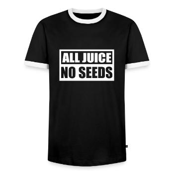 All Juice No Seeds Men's Vasectomy - Men's Ringer Shirt - black/white - Front - AI Model Female 172 light (172cm) & AI Model Male 178 light (178cm)