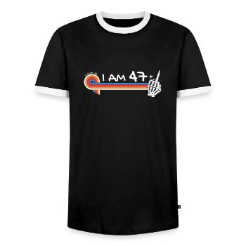 I Am 47 Plus Middle Finger - 48th Birthday - Men's Ringer Shirt - black/white - Front - AI Model Female 172 light (172cm) & AI Model Male 178 light (178cm)