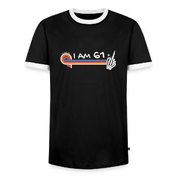 I Am 61 Plus Middle Finger - 62nd Birthday - Men's Ringer Shirt - black/white - Front - AI Model Female 172 light (172cm) & AI Model Male 178 light (178cm)