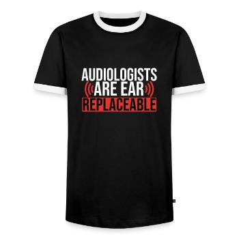 Audiologists Are Ear Replaceable Funny - Men's Ringer Shirt - black/white - Front - AI Model Female 172 light (172cm) & AI Model Male 178 light (178cm)