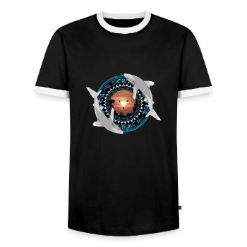 Oceanic whitetip sharks Hawaiian Polynesian - Men's Ringer Shirt - black/white - Front - AI Model Female 172 light (172cm) & AI Model Male 178 light (178cm)