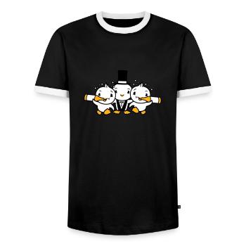 3 Birds Team Three Friends Groom Party Husband - Men's Ringer Shirt - black/white - Front - AI Model Female 172 light (172cm) & AI Model Male 178 light (178cm)