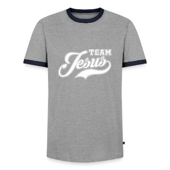 Team Jesus - Men's Ringer Shirt - grey/navy  - Front - AI Model Female 172 light (172cm) & AI Model Male 178 light (178cm)