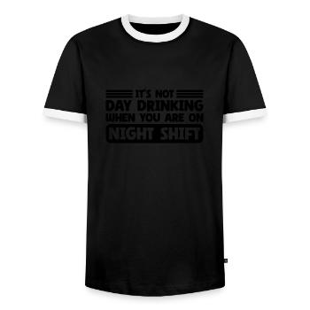 Day Drinking Sarcastic Night Shift - Men's Ringer Shirt - black/white - Front - AI Model Female 172 light (172cm) & AI Model Male 178 light (178cm)