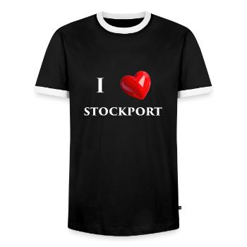 I Love Stockport - White Text - Men's Ringer Shirt - black/white - Front - AI Model Female 172 light (172cm) & AI Model Male 178 light (178cm)