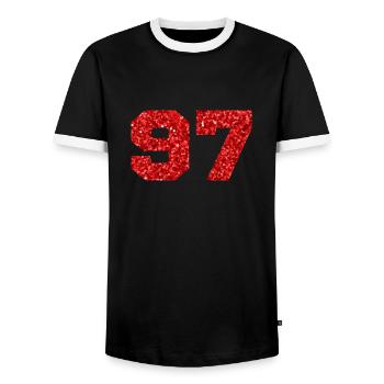 Number 97 Red Glitter - 97th Anniversary - Men's Ringer Shirt - black/white - Front - AI Model Female 172 light (172cm) & AI Model Male 178 light (178cm)