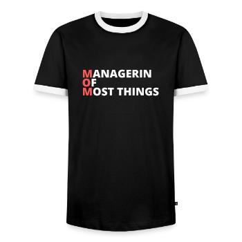 Mom - MANAGERIN OF MOST THINGS - Männer Kontrast-T-Shirt - Schwarz/Weiß - Vorne - AI Model Female 172 light (172cm) & AI Model Male 178 light (178cm)