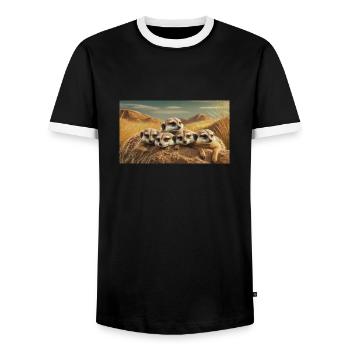 Cute animals chilling – meerkats sleeping ground - Men's Ringer Shirt - black/white - Front - AI Model Female 172 light (172cm) & AI Model Male 178 light (178cm)