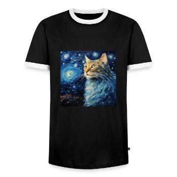 Chat, Motif De Chat, Van Gogh, Nuit Étoilée - T-shirt contrasté Homme - noir/blanc - Devant - AI Model Female 172 light (172cm) & AI Model Male 178 light (178cm)