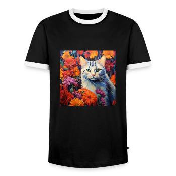 Katze, katzenmotiv, blumen, geschenk, geschenkidee - Männer Kontrast-T-Shirt - Schwarz/Weiß - Vorne - AI Model Female 172 light (172cm) & AI Model Male 178 light (178cm)