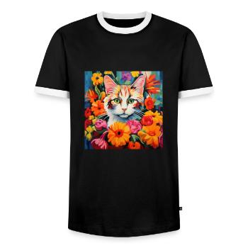 Katze, katzenmotiv, blumen, geschenk, geschenkidee - Männer Kontrast-T-Shirt - Schwarz/Weiß - Vorne - AI Model Female 172 light (172cm) & AI Model Male 178 light (178cm)