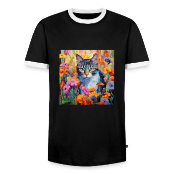 chat, motif de chat, fleurs, cadeau, idée cadeau - T-shirt contrasté Homme - noir/blanc - Devant - AI Model Female 172 light (172cm) & AI Model Male 178 light (178cm)