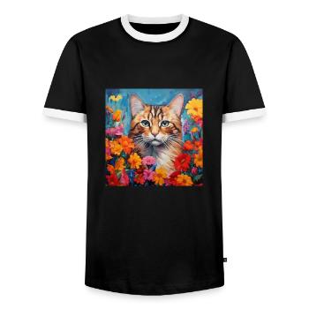 Katze, katzenmotiv, blumen, geschenk, geschenkidee - Männer Kontrast-T-Shirt - Schwarz/Weiß - Vorne - AI Model Female 172 light (172cm) & AI Model Male 178 light (178cm)