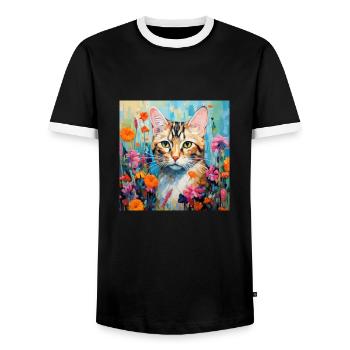 chat, motif de chat, fleurs, cadeau, idée cadeau - T-shirt contrasté Homme - noir/blanc - Devant - AI Model Female 172 light (172cm) & AI Model Male 178 light (178cm)