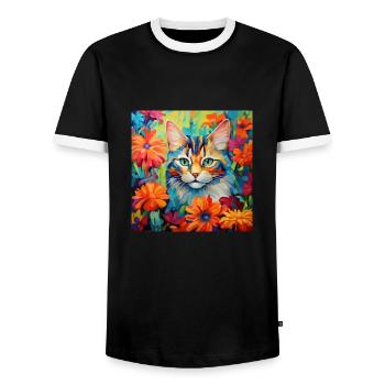 Katze, katzenmotiv, blumen, geschenk, geschenkidee - Männer Kontrast-T-Shirt - Schwarz/Weiß - Vorne - AI Model Female 172 light (172cm) & AI Model Male 178 light (178cm)