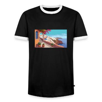 Oia, Santorini, Greece - Pixel Art - Men's Ringer Shirt - black/white - Front - AI Model Female 172 light (172cm) & AI Model Male 178 light (178cm)