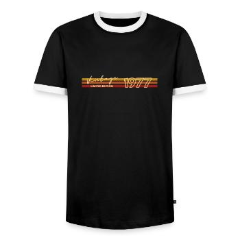JAHRGANG 1977 - Männer Kontrast-T-Shirt - Schwarz/Weiß - Vorne - AI Model Female 172 light (172cm) & AI Model Male 178 light (178cm)