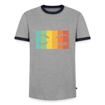 Vintage Artwork Eyelashes Distressed Make Up - Men's Ringer Shirt - grey/navy  - Front - AI Model Female 172 light (172cm) & AI Model Male 178 light (178cm)