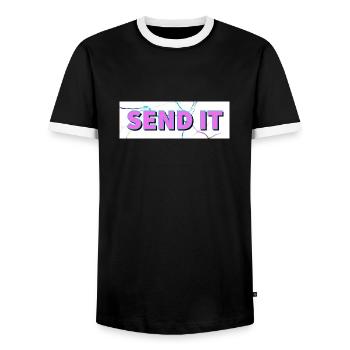 Logo de la boîte SEND IT - T-shirt contrasté Homme - noir/blanc - Devant - AI Model Female 172 light (172cm) & AI Model Male 178 light (178cm)