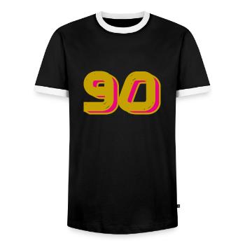 90. 90 YEARS. 90TH ANNIVERSARY. 90TH ANNIVERSARY. - Men's Ringer Shirt - black/white - Front - AI Model Female 172 light (172cm) & AI Model Male 178 light (178cm)