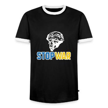Stop war - Men's Ringer Shirt - black/white - Front - AI Model Female 172 light (172cm) & AI Model Male 178 light (178cm)