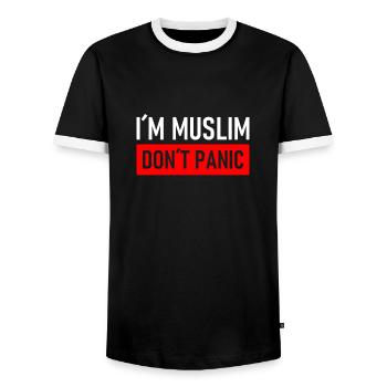 I´m Muslim - Don´t Panic - Moslem - Muslime - Männer Kontrast-T-Shirt - Schwarz/Weiß - Vorne - AI Model Female 172 light (172cm) & AI Model Male 178 light (178cm)