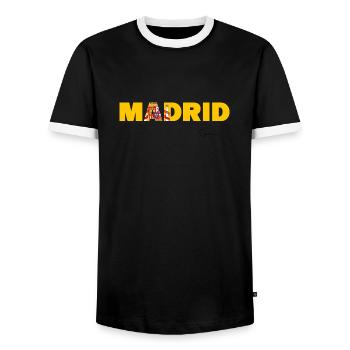 Madrid Lettering with Spanish Flag Colors - Men's Ringer Shirt - black/white - Front - AI Model Female 172 light (172cm) & AI Model Male 178 light (178cm)