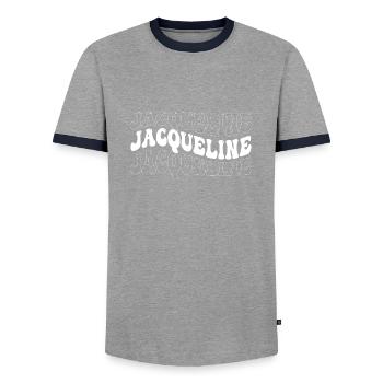 Drôle Jacqueline Groovy 4 Hommes Femmes Cool - T-shirt contrasté Homme - gris/marine  - Devant - AI Model Female 172 light (172cm) & AI Model Male 178 light (178cm)
