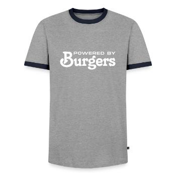 Powered by Burgers - Cadeau pour les amateurs de hamburgers - T-shirt contrasté Homme - gris/marine  - Devant - AI Model Female 172 light (172cm) & AI Model Male 178 light (178cm)