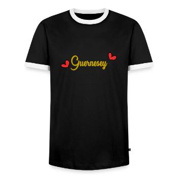 GUERNSEY. ISLAND. FLAG. ISLAND. UNITED KINGDOM - Men's Ringer Shirt - black/white - Front - AI Model Female 172 light (172cm) & AI Model Male 178 light (178cm)