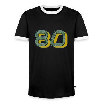 80. 80 YEARS. 80th ANNIVERSARY. 80 YEARS ANNIVERSARY. - Men's Ringer Shirt - black/white - Front - AI Model Female 172 light (172cm) & AI Model Male 178 light (178cm)