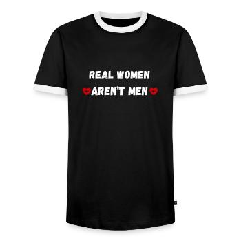 Real Women Aren't Men ,vintage sample text - Men's Ringer Shirt - black/white - Front - AI Model Female 172 light (172cm) & AI Model Male 178 light (178cm)