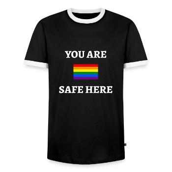 Sie sind hier sicher LGBT Sign Flagge - Männer Kontrast-T-Shirt - Schwarz/Weiß - Vorne - AI Model Female 172 light (172cm) & AI Model Male 178 light (178cm)
