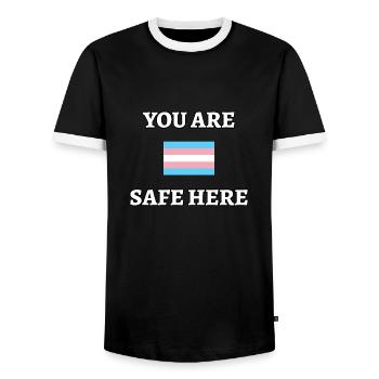You Are Safe Here Transgender Flag Trans Ally - Men's Ringer Shirt - black/white - Front - AI Model Female 172 light (172cm) & AI Model Male 178 light (178cm)