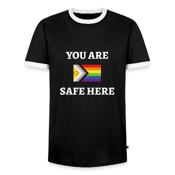 You Are Safe Here LGBT Safe Space Gay Pride Ally - Men's Ringer Shirt - black/white - Front - AI Model Female 172 light (172cm) & AI Model Male 178 light (178cm)