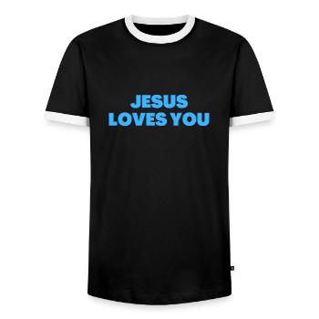 Jésus t’aime - Citations chrétiennes - T-shirt contrasté Homme - noir/blanc - Devant - AI Model Female 172 light (172cm) & AI Model Male 178 light (178cm)