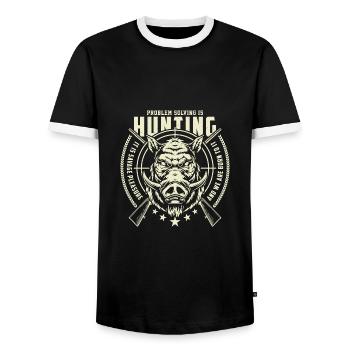 PROBLEM SOLVING IS HUNTING 2 - Men's Ringer Shirt - black/white - Front - AI Model Female 172 light (172cm) & AI Model Male 178 light (178cm)