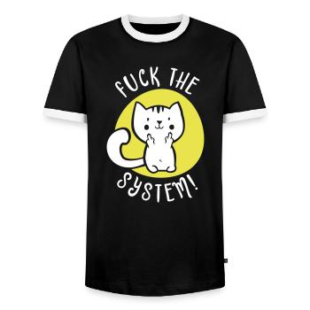 Fuck le système - chat de cadeau chat puent - T-shirt contrasté Homme - noir/blanc - Devant - AI Model Female 172 light (172cm) & AI Model Male 178 light (178cm)