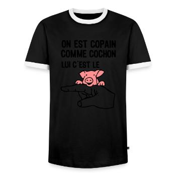 copain comme cochon citation expression doigt - T-shirt contrasté Homme - noir/blanc - Devant - AI Model Female 172 light (172cm) & AI Model Male 178 light (178cm)