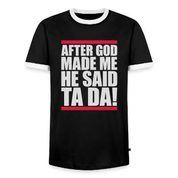 after god made me - Men's Ringer Shirt - black/white - Front - AI Model Female 172 light (172cm) & AI Model Male 178 light (178cm)
