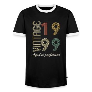 Cadeau d’anniversaire 25 ans - 1999 - T-shirt contrasté Homme - noir/blanc - Devant - AI Model Female 172 light (172cm) & AI Model Male 178 light (178cm)