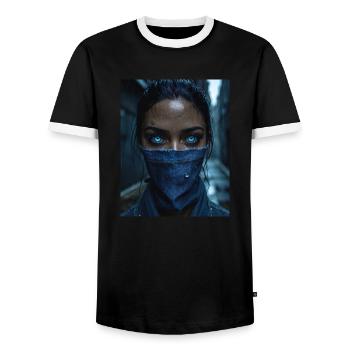 Woman with Blue Eyes and Denim Mask - Men's Ringer Shirt - black/white - Front - AI Model Female 172 light (172cm) & AI Model Male 178 light (178cm)