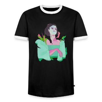 woman, pop-art, abstract, plants,pink, green - Men's Ringer Shirt - black/white - Front - AI Model Female 172 light (172cm) & AI Model Male 178 light (178cm)